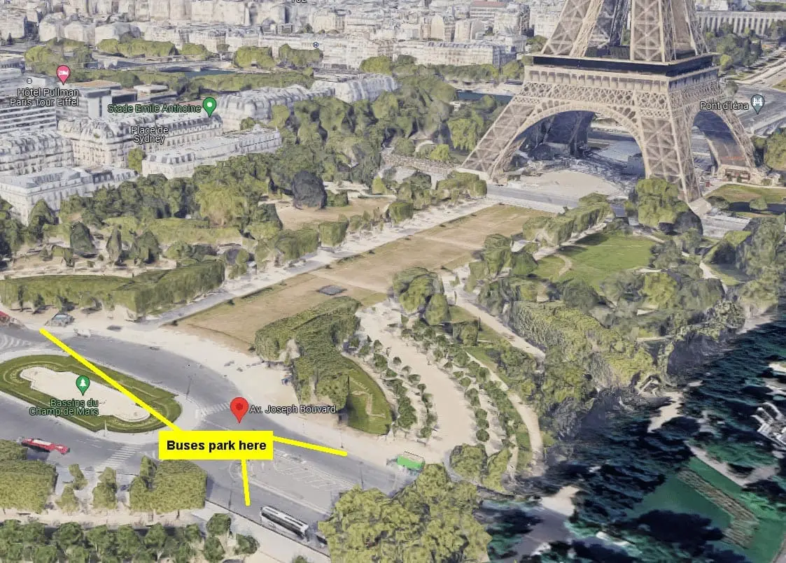 In Paris, buses are allowed to park Avenue Joseph Bouvard, next to the Eiffel Tower